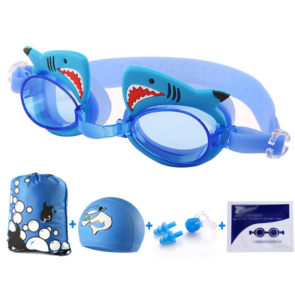 YJZQ Pack of 5 Kids Swimming Goggles Cartoon Swim Cap Ear Plugs Anti Fog Swim Goggles with Drawstring Bag for Boys Girls 5-14 Years Old, Shark