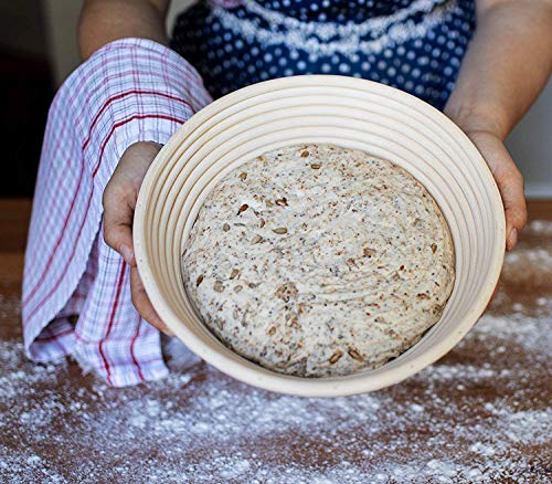 VOLADOR 9 inch Bread Proofing Banneton, Round Dough Bowl Proving Rattan Baskets for Sourdough with Linen Liner & Scraper & Razor Blades & Stencils