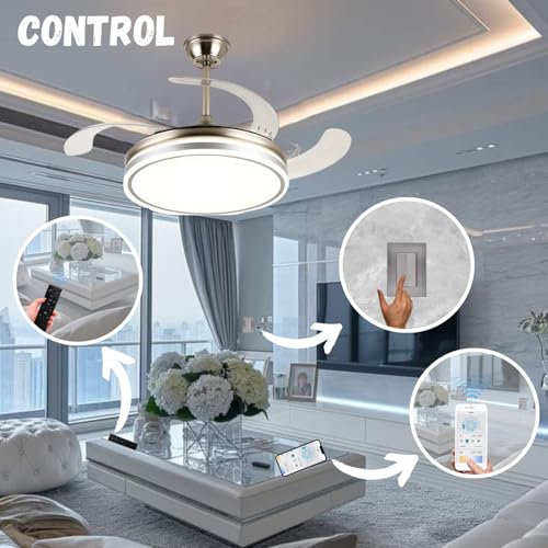 Megaluz F8585-42 Ventilador de techo con luz led y control remoto y APP, 42 pulgadas, luz fría, cálida y neutra, aspas retractiles, Abanico de techo 3 velocidades y motor silencioso (Metal satinado).
