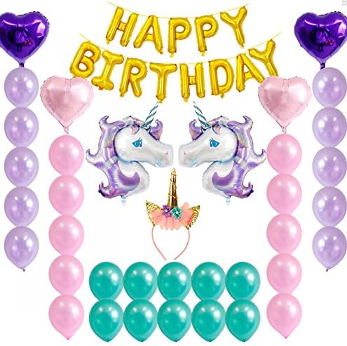 38 Pcs Magical Unicorn Balloons Birthday Set and Party Supplies - 2 Huge Unicorns, 4 Foil Balloons, Foil HB Banner, 30 Latex Balloons, &amp; 1 Unicorn Hand-made Headband