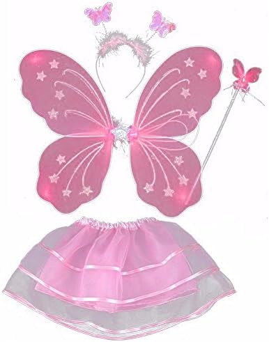 Butterfly Princess 4 Piece Fairy Costume Wings, Headband, Wand and Tutu Accessory Set Assorted Colors (Pink)