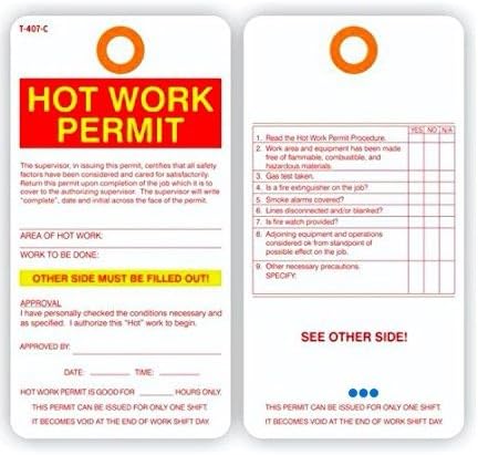 HOT Work Permit, 2 Sided, 5.75" X 3", White Paper, Pack of 25