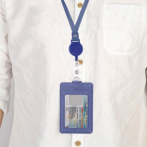 ID Badge Holders with 1 ID Window and 2 Card Slot with Detachable Reel Type Neck Lanyards & Reel Clip 2-Sided Vertical PU Leather Employee Certificate Pass Case Name Holder(Blue) - Thumbnail 6
