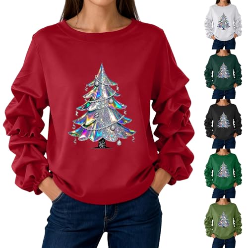 Christmas Tops for Women UK Oversized Xmas Sweatshirts Long Sleeve with Pleats Crewneck Pullover Sweatshirts without Hood Festive Holiday Shirts