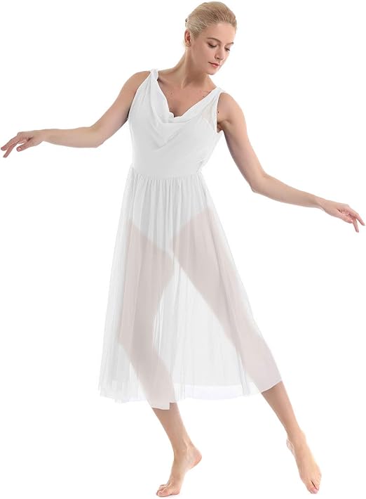 TiaoBug Damen Erwachsene Lyrical Dance Kleid Mesh Split Front Built in