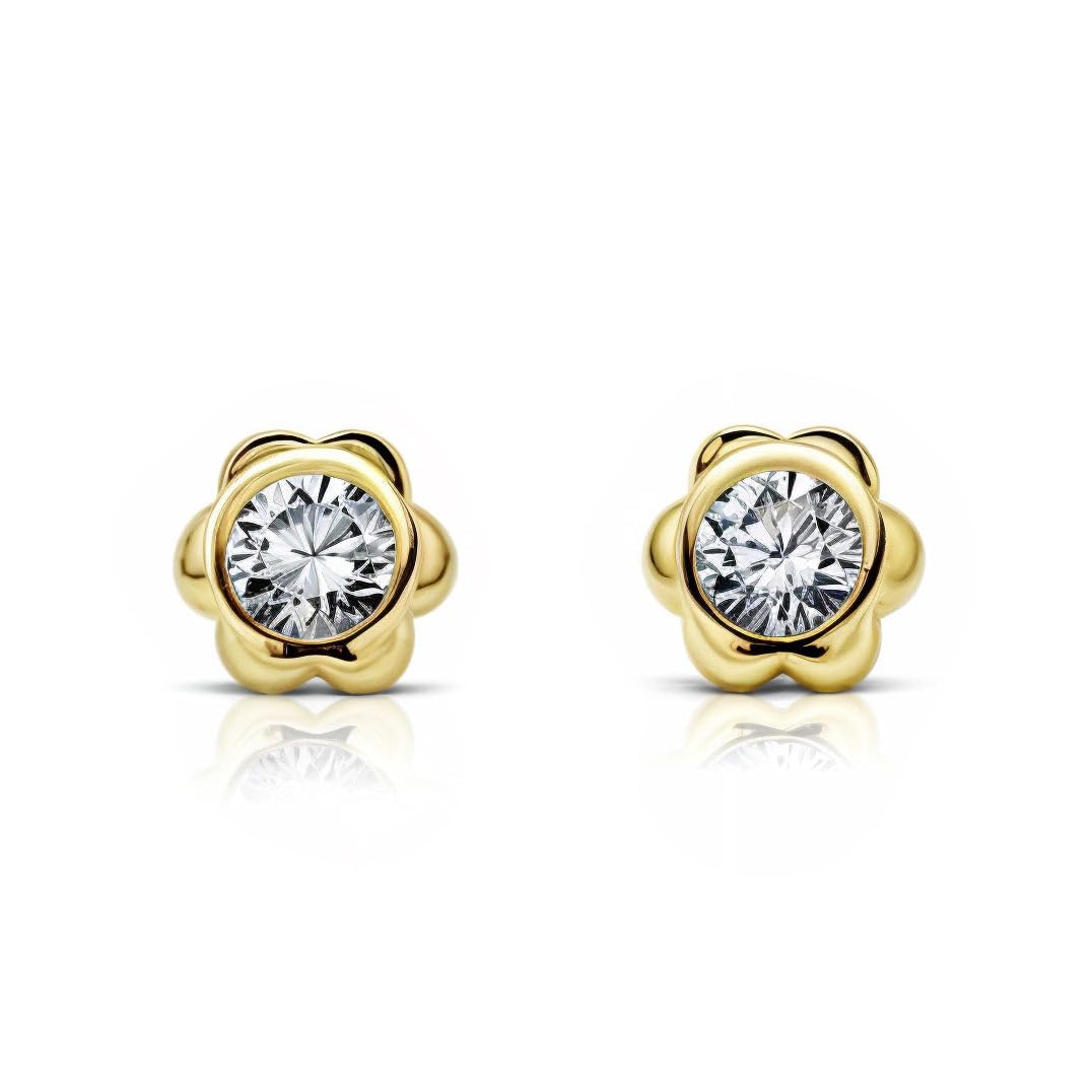 Mondepetit - 9ct Yellow Gold Flower Cubic Zirconia Children's Baby Girls Earrings shine