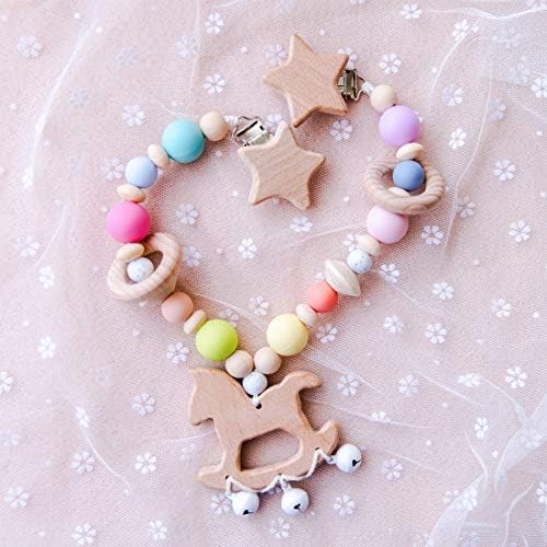 Chew Silicone Colored Beads Baby Stroller Toy Wooden Trojan Pendant Wtih Bells Sensory Activity Teether Rattle Cart Chain Beech Wood Star Head Metal Clip Pram String Links Clip On Pram
