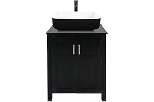Puluomis 24 Inches Traditional Bathroom Vanity with Square Black Ceramic Porcelain Sink Top, Wood Single Vessel Sink Bowl with Faucet Set