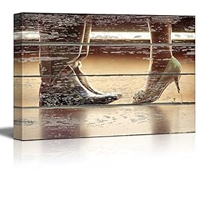 Canvas Wall Art - Kissing Couple with Woman on her Tiptoe on Vintage Wood Textured Background - Rustic Country Style Modern Giclee Print Gallery Wrap Home Art Ready to Hang - 12" x 18"