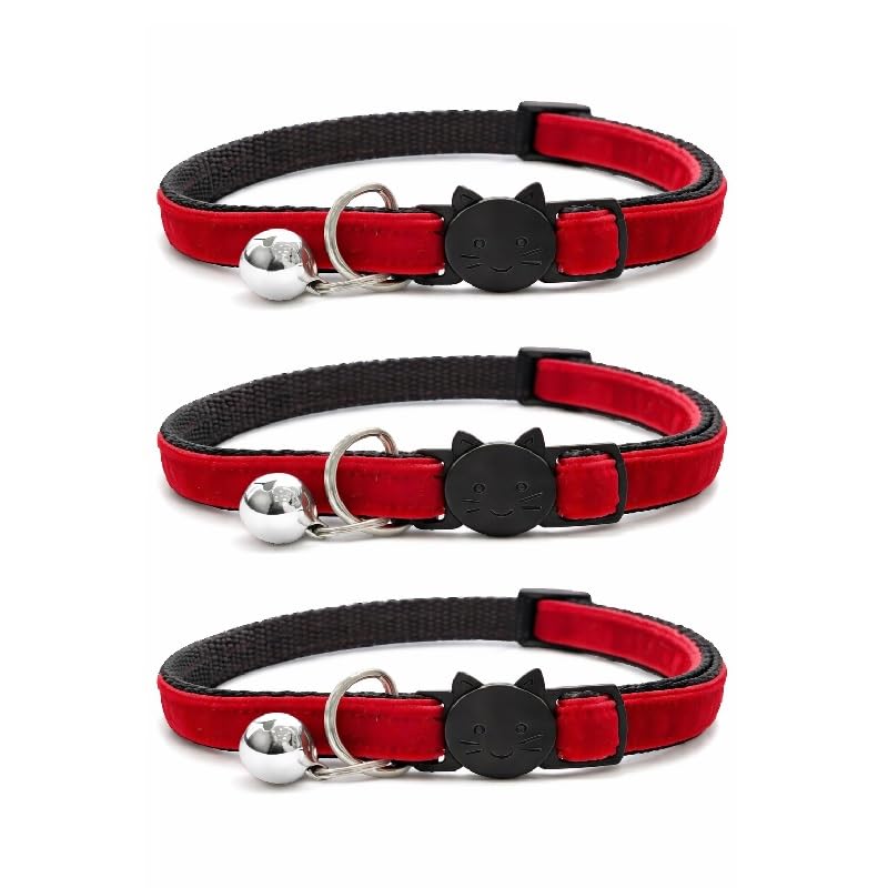 Velvet Cat Collars with Bell. Safe Breakaway Quick Release Buckle. Available in Cat & Kitten Size (Pack of 3) (Cat Collar (20cm - 30cm), Red Velvet (Pack of 3))