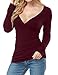 ALLEGRACE Womens Sexy Long Sleeve Tops Casual Fall Ruched V Neck Wrap Shirts Wine M