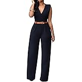 Pink Queen Jumpsuits for Women Dressy V Neck Sleeveless Wide Leg Long Pant Rompers Business Casual Outfits
