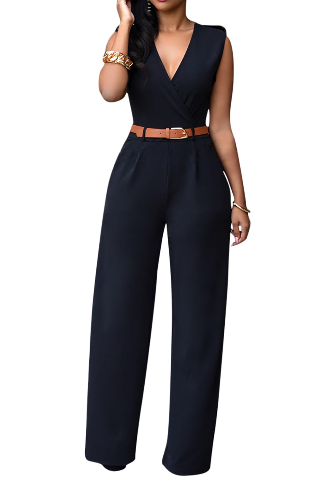 Photo 1 of Pink Queen Women's Jumpsuits Black Sleeveless Deep V Neck Long Jumpsuits Rompers Black Medium