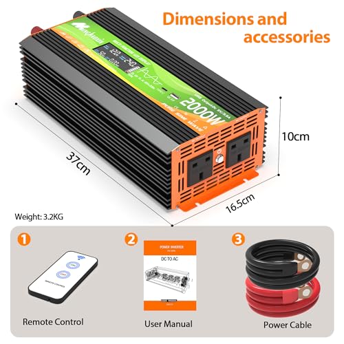 2000W Pure Sine Wave Inverter 12v To 240v Car Inverter 4000W Peak With 2 Uk Sockets, 30W USB-C, 5V 3.1A USB, LCD Display And Remote Controller For Motorhomes,Camping, Household Use And Vans
