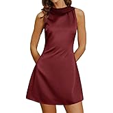 RIHOAS Women's Wine Red Satin Cowl Neck Backless Mini Dress, Sleeveless A-Line Burgundy Party Cocktail Dress