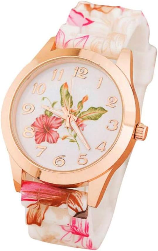 Loveinthebox Women Dress Watch Colorful Flower Pattern Silicone Band Sport Watch for Girls Rubber Strap Bracelet Wristwatches Fashion Casual Quartz Wrist Watch Rose Gold Round Dial Arabic Numberals Easy Read Jewelry Watches Ladies