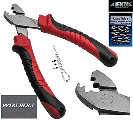 Klemmhülsen Set mit Hülsenzange und ca. 100 Jenzi Quetschhülsen 1,2mm + gratis Petri Heil! Aufkleber