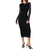 Milumia Women's Ruched Mesh Bodycon Dress Long Sleeve Boat Neck Midi Dresses
