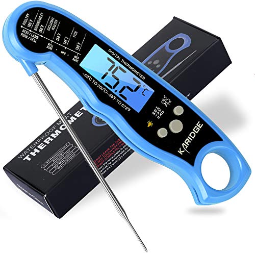 KARIDGE Digital Instant Read Meat Thermometer, Best Waterproof Kitchen Food Cooking Thermometer with Backlight LCD for BBQ Grilling Smoker Baking Turkey - Blue