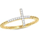 1/10cttw Diamond Cross Ring for Women, Cross Ring with Beaded Style Detail in 14k Yellow Gold-Plated, 18k Rose Gold-Plated or 925 Sterling Silver, Women's Horizontal Cross with Round White Diamonds