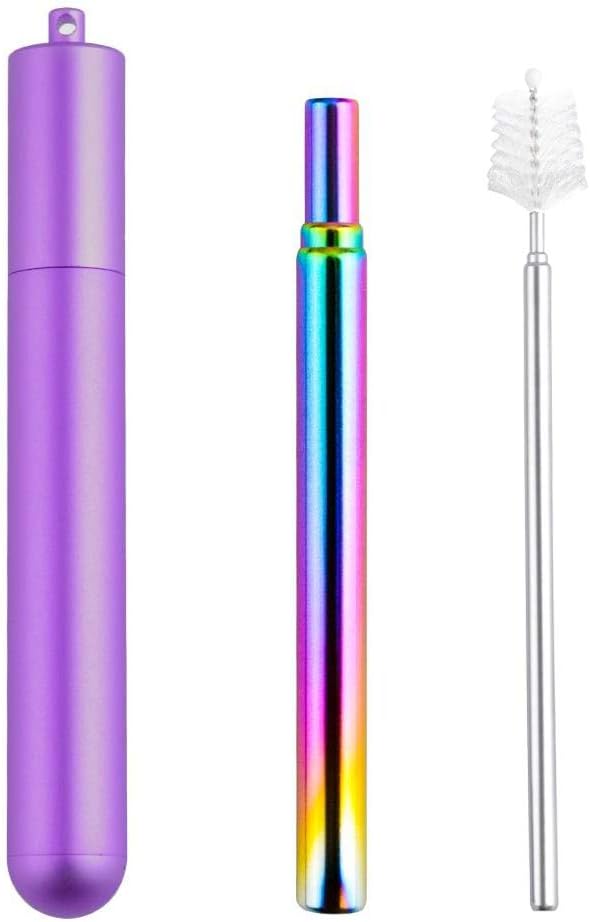 Yaphets Telescopic Straw, Reusable Straws with Case Stainless Steel Metal Straws Folding Straw Drinking +1 Telescopic Cleaning Brush+Travel Pocket Size & Portable Straws with Metal Case (Purple)