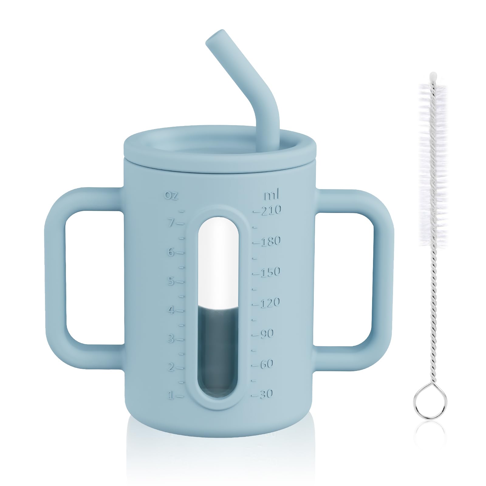 HOTUT Toddler Sippy Cup, Glass Mason Jars 8 oz with Silicone Sleeves & Silicone Straws with Stoppers, Toddler Glass Cups, Sippy Cup Ideal for Picnics, Camping and Kids' Smoothies - Blue