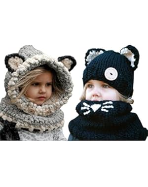 2 PCS Kids Hat Winter Warmer, Vandot Kids Hat Scarf Shawls Set Cutest Animal Earflap Woolen Coif Hooded Warm Knitted...