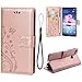 Teebo Wallet Case for Huawei P Smart (2018)/7S, with Kickstand Card Holders [Embossed Butterfly] Flower Premium PU Leather Magnetic Flip Case Cover for Huawei P smart/7S (Rose Gold)