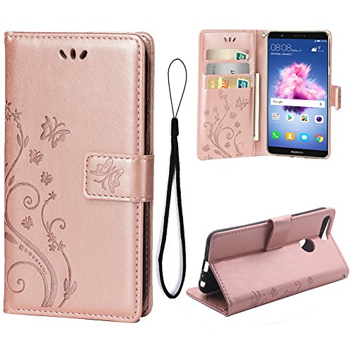 Wallet Case for Huawei Enjoy 7S/Huawei P smart, 3 Card Holder Embossed Butterfly Flower PU Leather Magnetic Flip Cover For Huawei Enjoy 7S/Huawei P smart(Rose Gold)