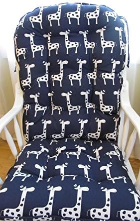 Two Piece Cushion Set for Glider or Rocking Chair in Navy Blue with White Stretch Giraffes