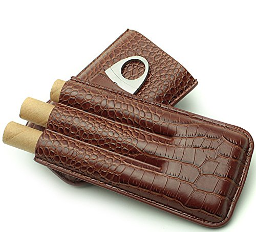 Cigar Case Travel - Cutter Included - Leather 3 Colors (Large Brown)