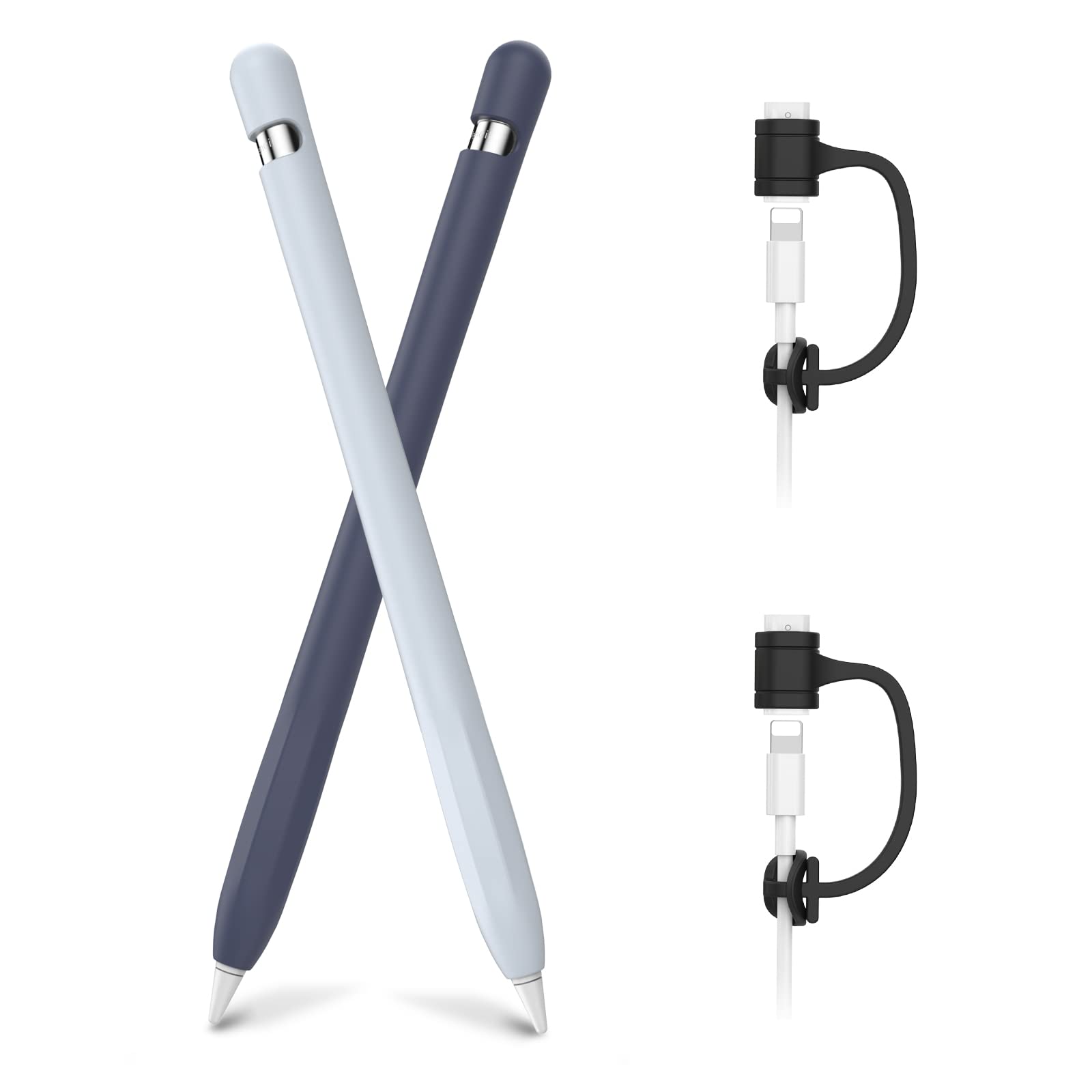 AHASTYLE Silicone Case for Apple Pencil 1st Generation [Added Cable Adapter Tether] Anti-slip Apple Pencil Cover Case Compatible with Apple Pencil 1st Gen (2 Pack, Midnight Blue & Light Blue)