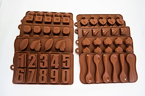 Unique 10 Pack Silicone Candy Molds - Candy Heart molds, Candy Spoon mold, Silicone molds with Numbers, molds for Candle making kits - 100% Food Safe - Variety Fondant molds, Silicone Baking molds