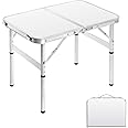 Moosinily Small Folding Table 2FT Foldable Camping Table Portable Picnic Table Aluminum 2 Height Adjustable Outdoor Beach Card White 23.6×15.7 inch