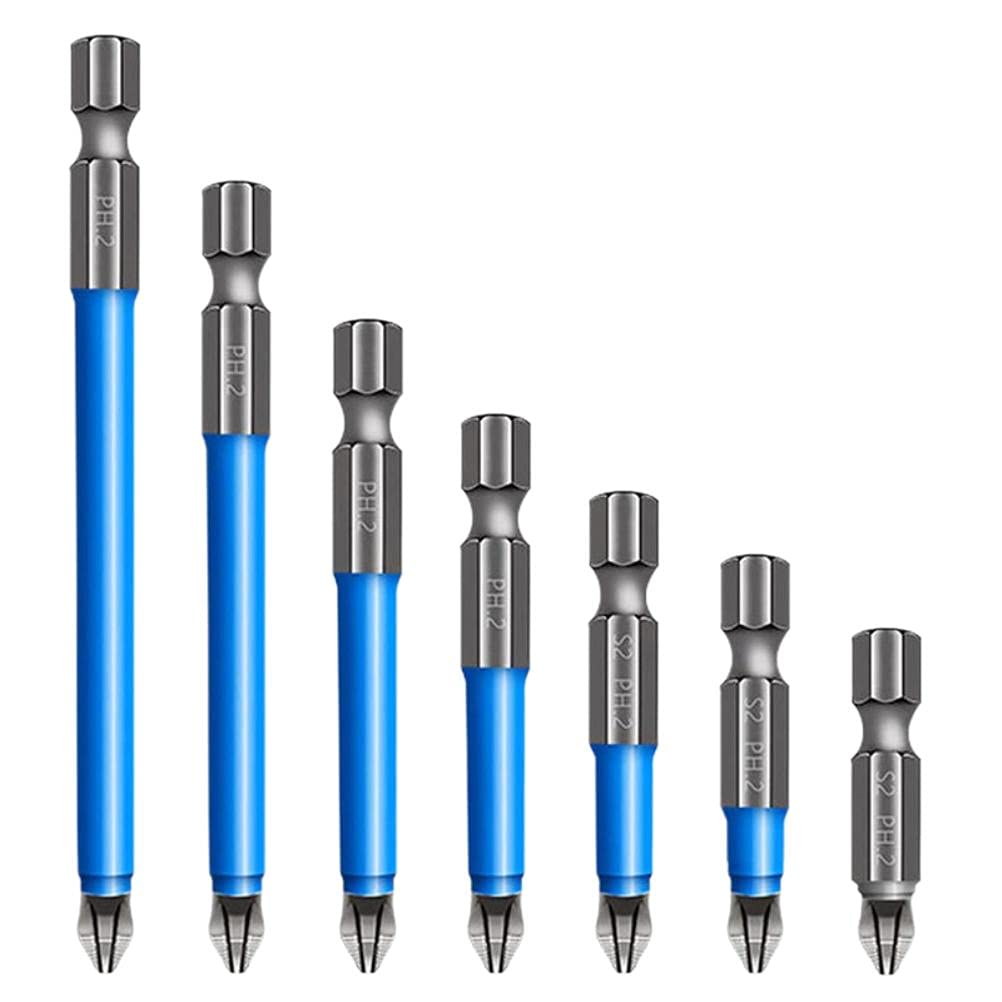 spier Magnetic Anti-Slip Drill, 7 Pieces Magnetic PH2 Screwdriver Bits Set Phillips Screwdriver Bits for Woodworking Car (25/50/65/70/90/127/150 mm)