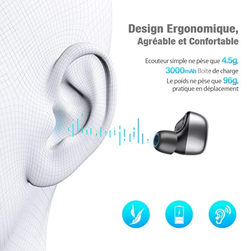 POWERADD Ecouteur Bluetooth 5.0 TWS - 3000mAh Son Stéréo 3D Etanche IPX7 Contrôle Tactile avec Etui de Charge et Indicateur LED Casque Rechargable sans Fil pour Sport