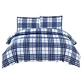 3 Pieces Blue Plaid Duvet Cover Set King Size - Luxury Duvet Cover with 2 Pillow Shams by Exclusivo Mezcla
