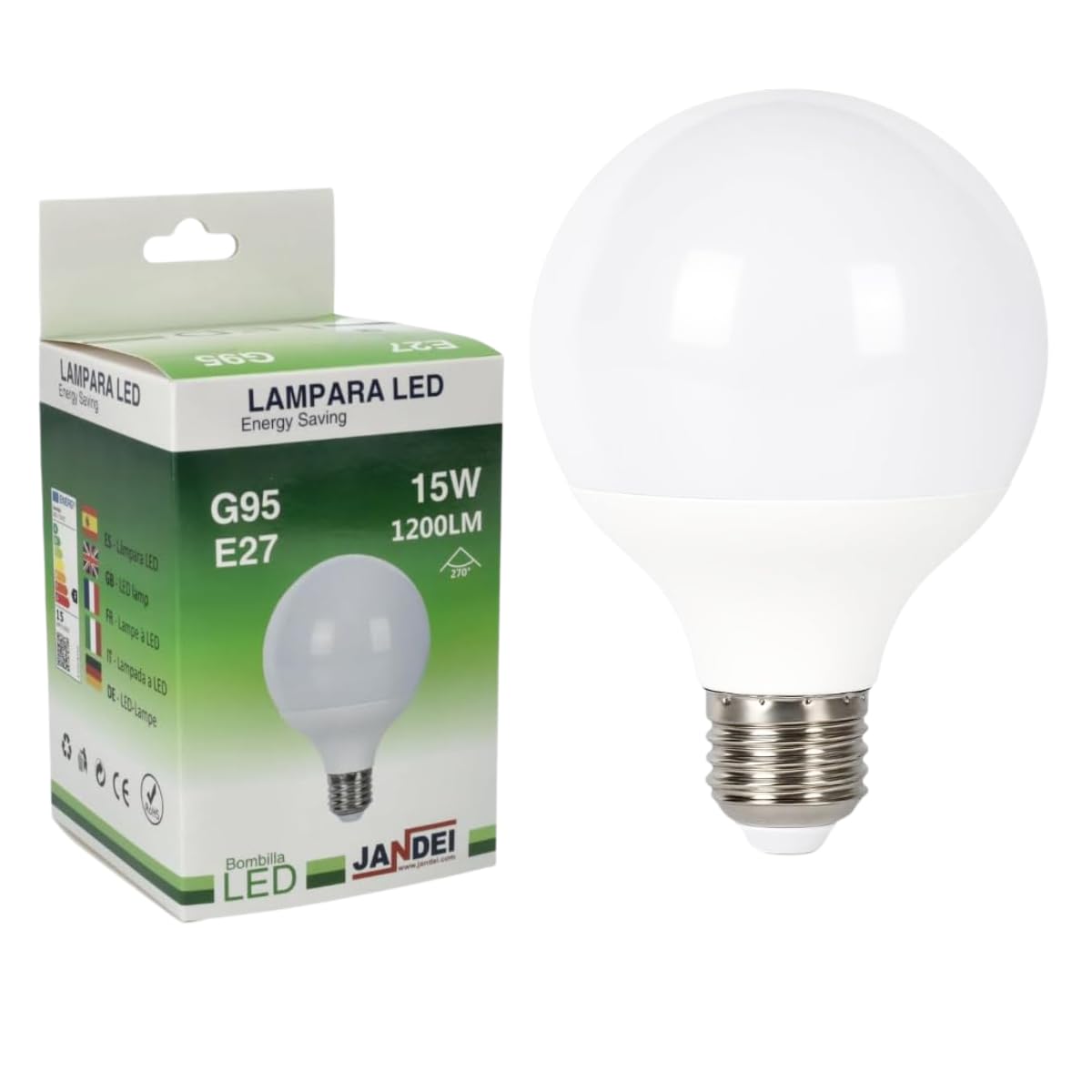 JANDEI E27 Screw Bulb, G95 Globe Bulb,15W (100W Equivalent) Led Bulbs Daylight 6000k Large Globe Light Bulbs, Non-Dimmable,1950 Lume Energy Saving, Perfect for Indoor Room Led Bulbs — image 1