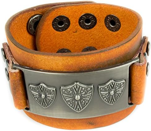 Unisex Light Golden Brown Leather Cuff Bracelet Three Shield by Tundra Jewelry