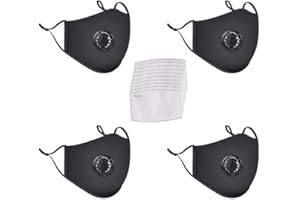 4 Pack Face Mask with 10 Cotton Filter Sheet,Washable Reusable Masks with Breathing Valve-Black