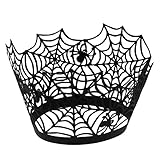 UNIQLED Pack of 50 Laser Cut Bake Cake Hollow Paper Cups Liner Cupcake Wrappers Baking Cup Muffin Holder Case for Halloween Fancy Party Decoration (Black Spiderweb)