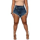 PINSV Women's High Waisted Crossover Jean Shorts Ripped Hem Raw Denim Shorts