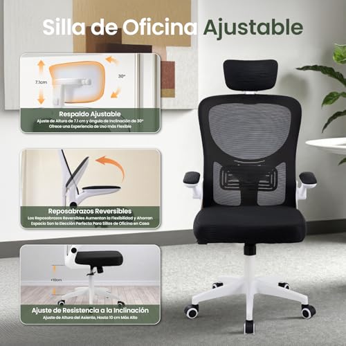 OSLIFE Silla Oficina con Altura Ajustable，con Función de Bloqueo de Inclinación Silla Ergonomica Escritorio，Respaldo Alto, Soporte Lumbar, Reposacabezas Ajustable, con Ruedas Silla Gamer (Negro).