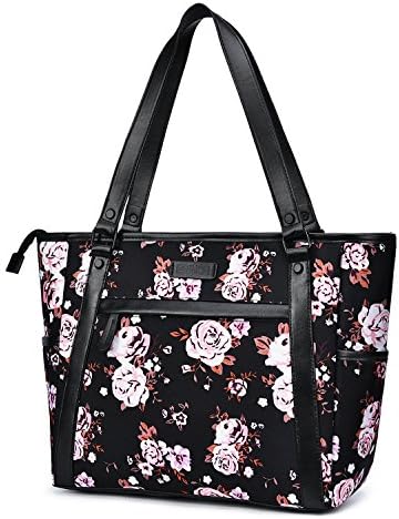 15.6 Inch Laptop Tote Bag Lightweight Stylish Satchel for Women Durable Nylon Travel Bag Casual Shopping Handbag Large Capacity Business Briefcase Multi-function Zipper Shoulder Bag,Black Rose