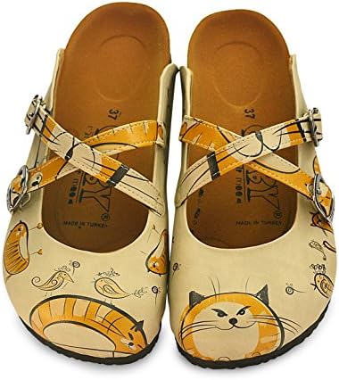 GOBY Women's Shoes ''Beige &amp; Orange Cat Clog'' Sandals BKS104 (6.5)