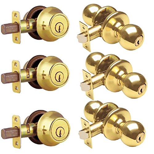 Likimen Polished Brass Keyed Entry Door Knob Lock with Deadbolt - 3 PACK!