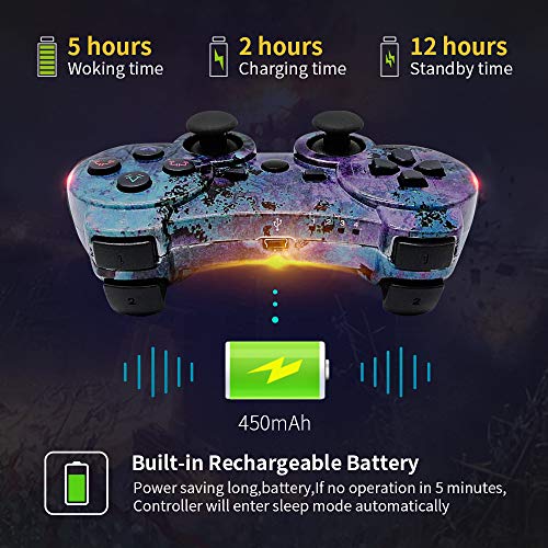 ISHAKO Double Shock PS3 Controller Wireless 2 Pack Bluetooth 6-Axis Gamepad Remote for Playstation 3 with Charge Cable (Purple Cloud + Bronze)
