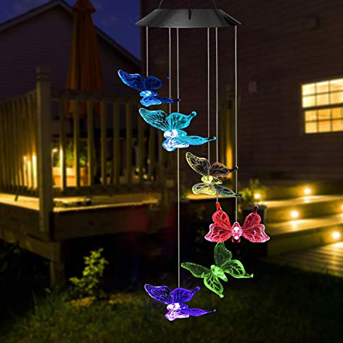 AVEKI Solar Wind Chimes Outdoor, Color-Changing Solar Mobile Wind Chime Waterproof Solar Powered LED Hanging Lamp for Outdoor Garden Festival Decoration (Butterfly)