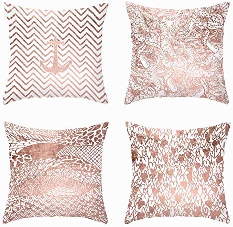 Set of 4 Pillow Covers Super Soft Flower Love Heart Anchor Stripe Printed Decorative Throw Pillow Case Cushion Cover for Home Couch Festival Party Pillowcase 18" x 18" (Rose Gold)