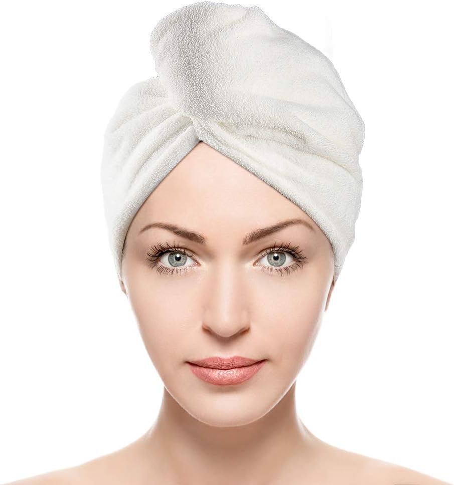 Microfiber Hair Towel Wrap for Women Girls, Quick Dry Towel for Curly Hair, Hair Drying Towels with Button, Anti Frizz Super Absorbent Soft Hair Drying Turban for Long Curly Thick Hair, Milky White